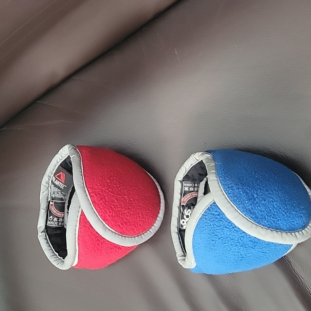 COPY - Two 180s ear warmers red w/grey/silver piping & blue w/grey/silver piping